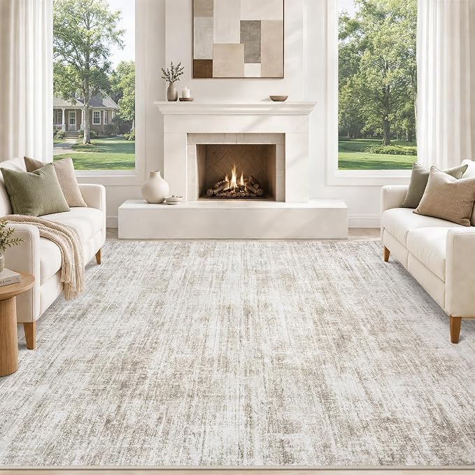 9x12 Area Rugs for Living Room Washable Rugs Neutral Abstract Large Rug Soft Modern Carpet Non-Slip Stain Resistant Low Pile Rug for Bedroom Dining Room Nursery Home Office Under Table Area Rug Brown