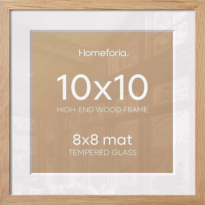 Homeforia 10x10 Picture Frame Wood, High-End Natural Oak 10 x 10 Thin Square Poster Frames with Mat 8 by 8 inch Photo, 10by10 Light Wooden Frame Matted to 8x8 Print, Tempered Glass, Wall Kit, Set of 1