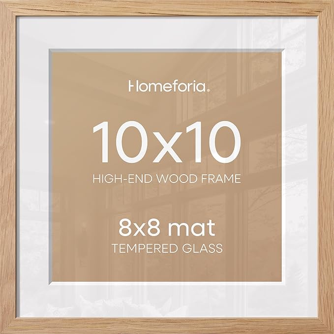 Homeforia 10x10 Picture Frame Wood, High-End Natural Oak 10 x 10 Thin Square Poster Frames with Mat 8 by 8 inch Photo, 10by10 Light Wooden Frame Matted to 8x8 Print, Tempered Glass, Wall Kit, Set of 2