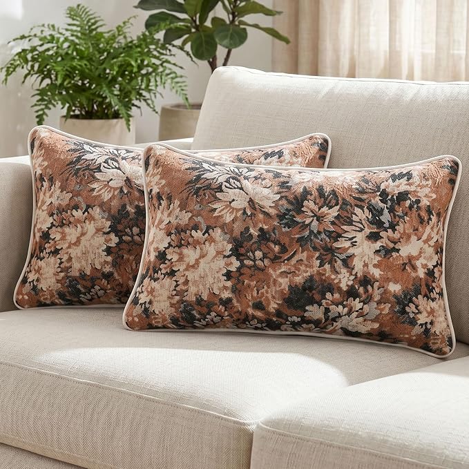 Vintage Floral Throw Pillow Covers 12x20 Inches Set of 2 Lumbar Boho Farmhouse Pillow Cases Premium Chenille Textured Decorative Cushion Covers for Couch Retro Garden Farmhouse Style Caramel
