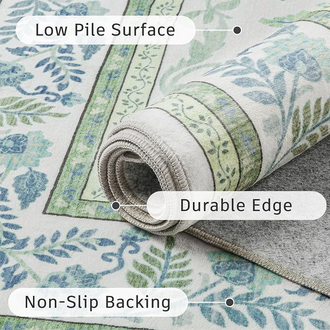 DCX Green 2x3 Entryway Rug, Kid & Pet Friendly with Rubber Back Non Slip, Machine Washable Stain Resistant Botanical Floral Rug for Bathroom, Kitchen, Soft Low Pile Small Carpet
