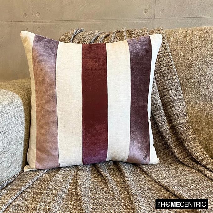 The HomeCentric Cushion Cover for Couch, Berry Pack of 2, 16"x16" (40x40 cm) Throw Pillows, Velvet Patchwork Throw Pillows for Couch, Striped Modern Style Easter - Velvet Band Berry