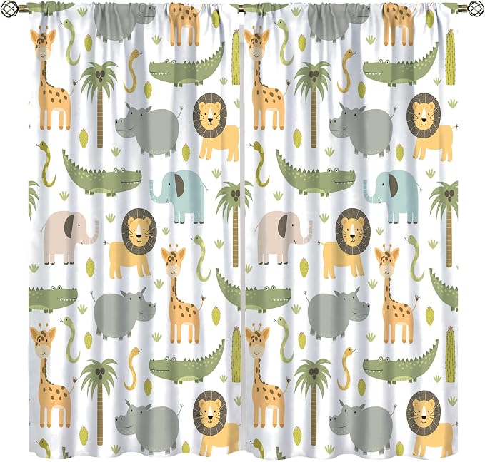 YCness Nursery Safari Animals Curtains, Baby Boy Girl Kids Woodland Jungle Forest Lion Elephant Printed Curtains for Living Room Bedroom Window Drapes 2 Panel Sets42x45 Inch
