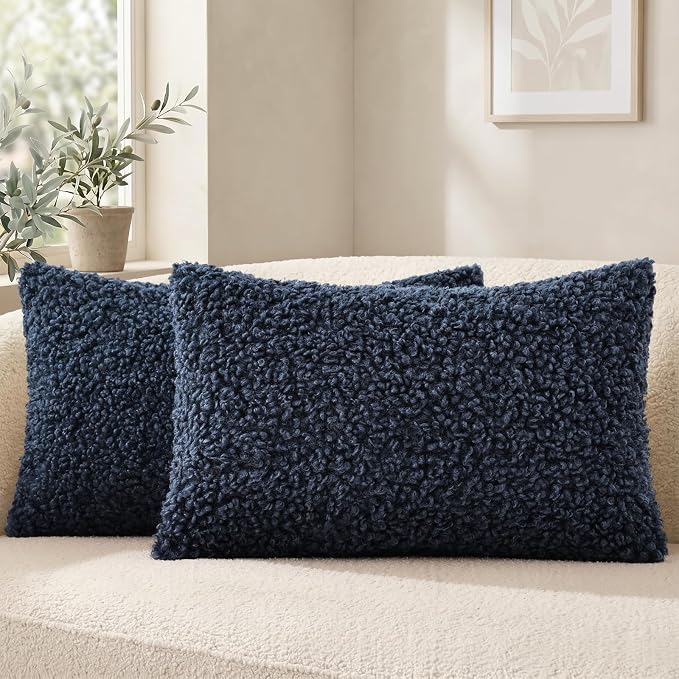 decorUhome Pack of 2 Throw Pillow Covers 12x20 Inch, Faux Fur Decorative Sherpa Pillow Covers Fuzzy Accent Soft Sheepskin Fleece Pillow Cases for Couch Living Room Bed, Navy Blue