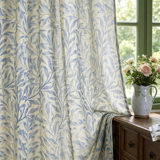 RoomTalks Turquoise Blue Floral Window Curtains 84 Inches Length 2 Panels Faux Linen Privacy, Boho Farmhouse Country Vintage Cute Botanical Curtain Panels for Bedroom Dining Living Room Nursery