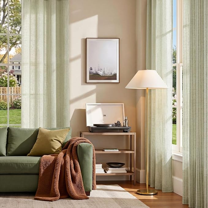 jinchan Linen Curtains for Living Room Green on Beige Striped Curtains for Bedroom Ticking Stripe Pattern Light Filtering Farmhouse Cottage Core Rustic Grommet Window Treatment 2 Panels 96 inches