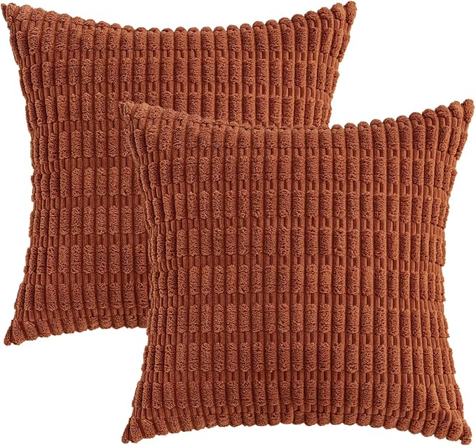 MIULEE Fall Pack of 2 Dark Rust Corduroy Decorative Pillow Covers 20x20 Inch Soft Boho Striped Throw Pillow Covers Modern Farmhouse Home Decor for Sofa Living Room Couch Bed