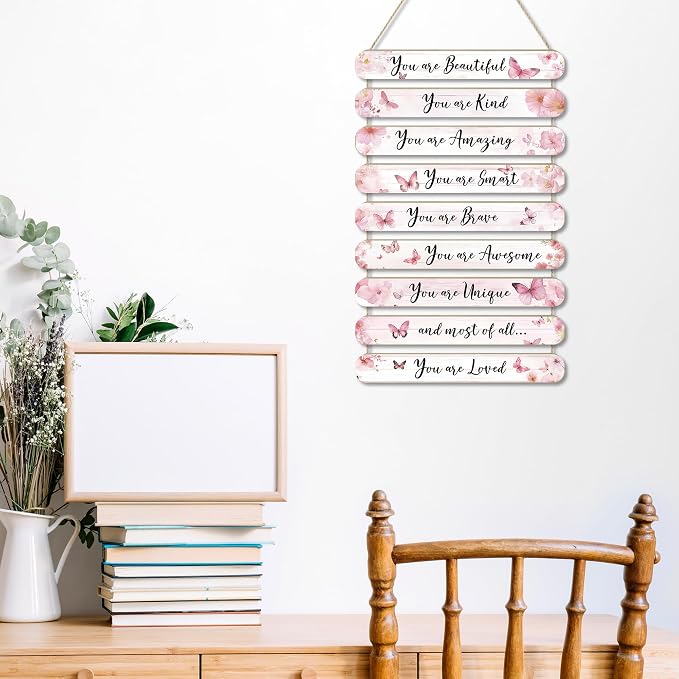 MONALET Pink Butterfly Inspirational Wall Decor for Girls Kids Room Office Classroom Playroom Nursery, You Are Loved Hanging Wooden Signs Decorations, Rustic Vintage Aesthetic Wood Plaque 9Pcs 12x19