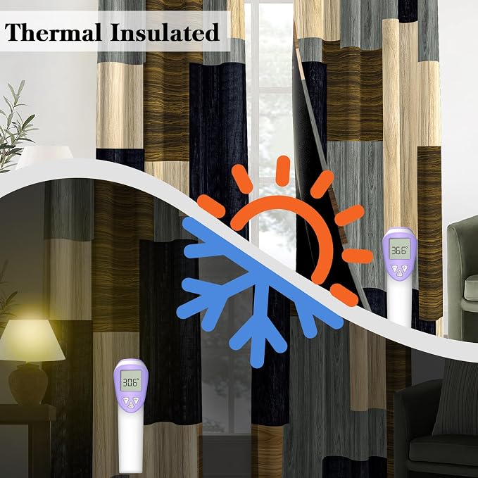Tyrot Wood Print Retro 100% Blackout Curtains for Bedroom 63 inch Long 2 Panels Set Modern Abstract Geometric Black Out Curtains Insulated Room Darkening Window Drapes for Living Room, 52Wx63L