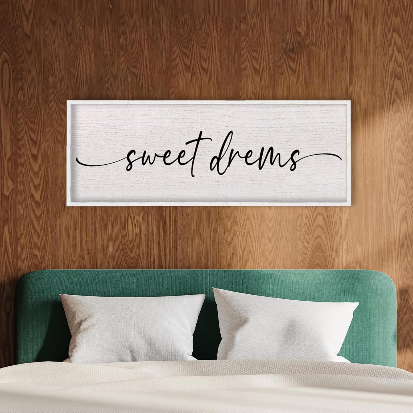 LuZhiQiang Sweet Dreams Sign Wall Decor Above Over Bed 40" x 15" Large Wood Framed for Guest Room Master Bedroom Hanging Wall Art (White)