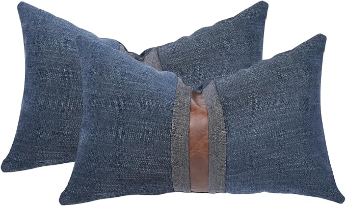 Set of 2 Leather Throw Pillow Covers Lumbar Cotton Linen Decor Patchwork Pillow Cover Faux Leather Pillows Cover for Couch Sofa Living Room Bedroom,Navy Blue 12"x20"