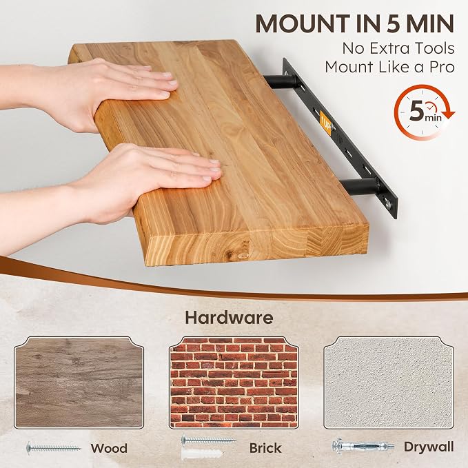 Live Edge Floating Shelf 55 Inch Extra Long | Solid Rustic Elm Wood with Invisible Brackets | Wall Mounted Shelf for Living Room, Kitchen, Bathroom | Natural