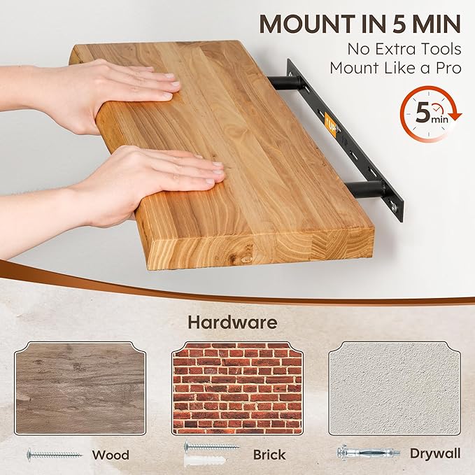 Floating Shelves Set of 2, Solid Elm Wood Wall Shelves 24 Inch - Invisible Bracket Mount for Living Room, Bedroom, Kitchen, Bathroom - Natural
