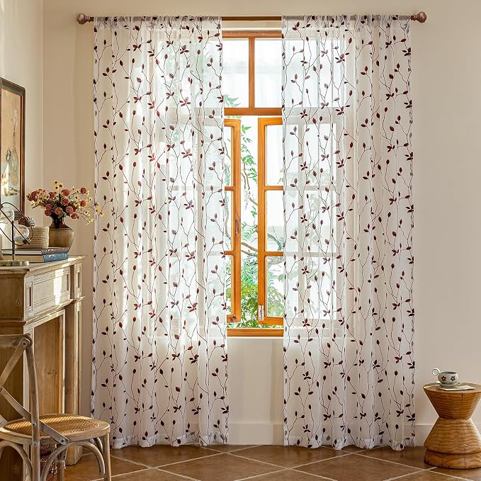 AmHoo 2 Panels Embroidered Leaf Pattern Semi Sheer Curtains Foliage Floral Voile Window Draperies Treatment for Bedroom Living Room Rod Pocket White Burgundy 53 x 63 Inch