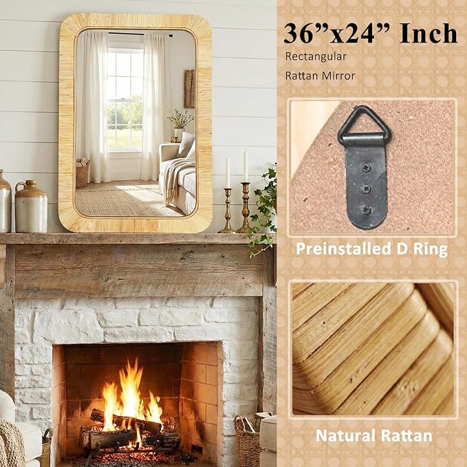 Rattan Rectangular Mirror 24x36, Boho Decorative Wall Mirror for Bathroom, Farmhouse Vanity Mirror for Nursery, Bedroom, Living Room Decor, Nursery & Children's Room