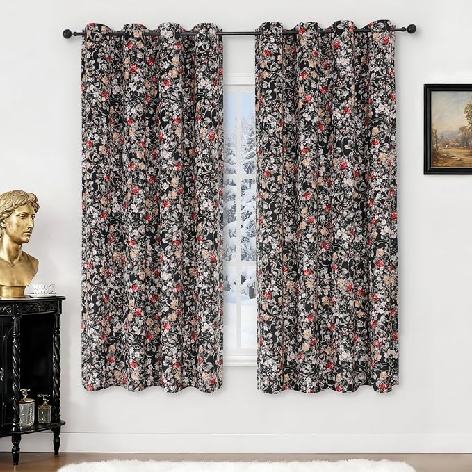 Estelar Textiler Black Velvet Blackout Curtains 63 Inches Long for Bedroom, Boho Floral Pattern Curtains, Thermal Insulated Energy Saving Light Blocking Grommet Drapes for Living Room,52Wx63L,2 Panels
