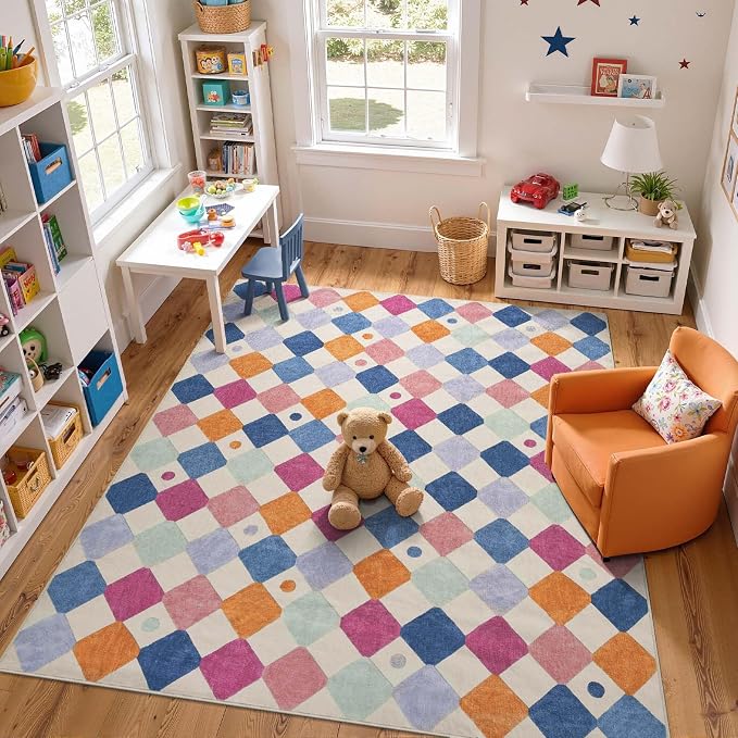 jinchan Macy 8x10 Kids Area Rug for Classroom Modern Colorful Nursery Rug Checkered Diamond Play Mat Washable Soft Non Slip Carpet for Playroom Living Room Bedroom Daycare Berries on Cream