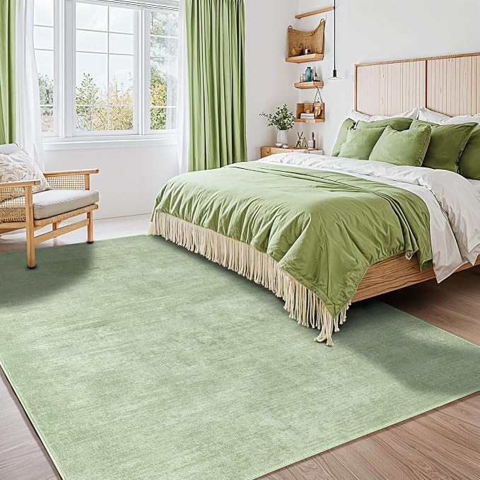 8x10 Washable Area Rug, Green Solid Area Rugs for Living Room & Bedroom | Stain-resistant & Non-slip backing,Low Pile Washable Large Carpet, Solid Vintage Style For High Traffic Areas(8x10,Green)