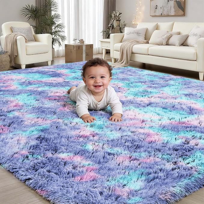 Rainbow Fluffy Rugs for Girls Bedroom: 6x9 Large Shag High Pile Area Rug Upgrade Non-Slip Plush Fuzzy Living Room Rug Shaggy Soft Indoor Floor Carpet Nursery Rugs for Kids Baby Toddler Home Decor