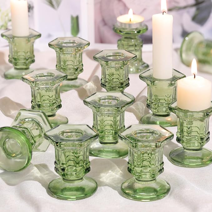 Lanttu 12 Pcs Green Candlestick Holders Bulk Glass Candle Holders Set | Crystal Taper Candle Holder for Wedding, Table Centerpiece, Home Decoration