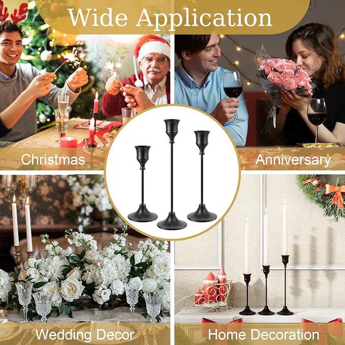 NLBTW Set of 6 Black Candle Holders for Taper, Vintage Candlestick Holder Decorative Metal Candle Sticks Home Decor Centerpieces for Table Mantel Festive Decorations
