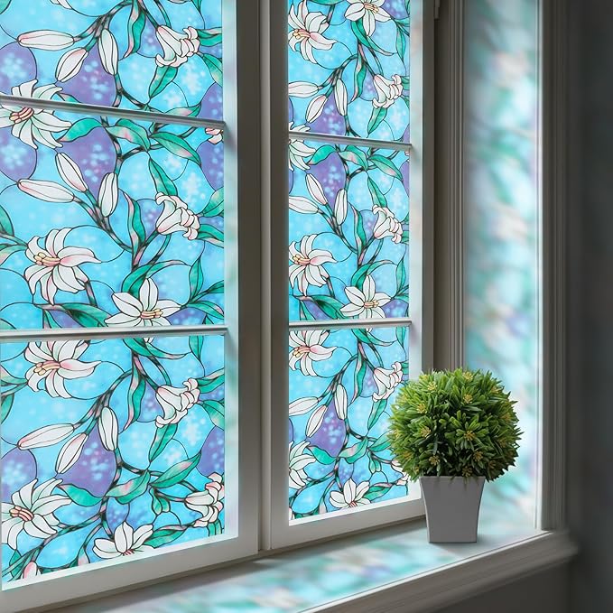 rabbitgoo Stained Glass Window Film, Anti UV Heat Blocking Privacy Film for Glass Window Door Covering, Static Cling Removable Decorative Privacy Sticker for Bathroom, Blue Lily, 23.6 x 157.4 Inches