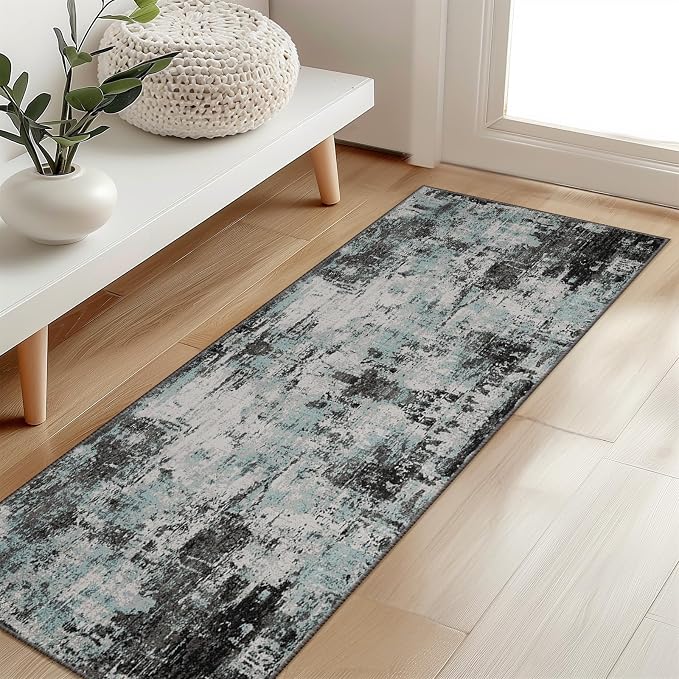 RELEANY Washable Area Rugs 2'x6' Non-Slip Modern Abstract Soft for Living Room Entryway Bedroom Kitchen, Print Pattern, Blue Black Teal