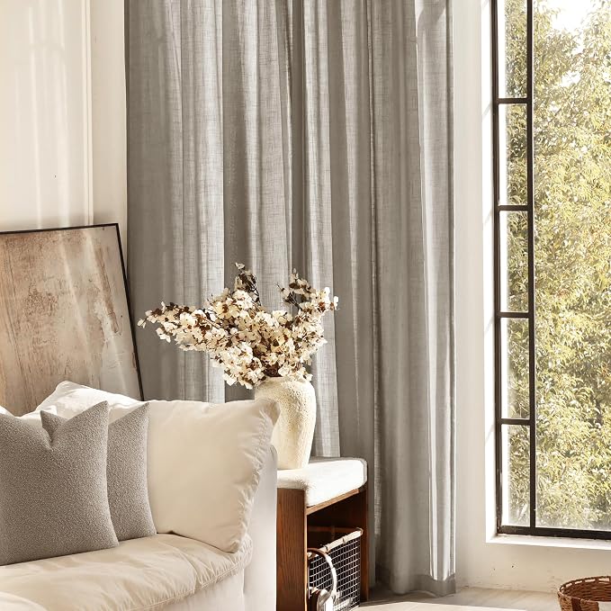 Taupe Linen Curtains 108 Inches Long for Living Room Back Tab Rustic Farmhouse Semi Sheer Light Filtering Window Curtain Dining Room Soft Thick Flax Textured Drapes Burlywood Birch Dark Brown