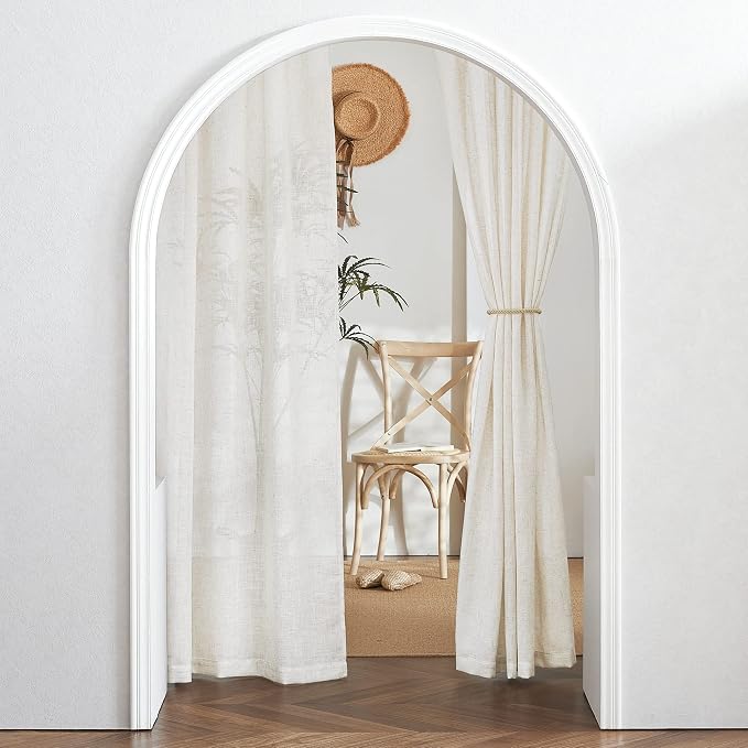 RYB HOME Linen Sheer Curtains - Flax Linen Woven Privacy Semi Sheer Drapes Light Filtering Glare Control Short Small Window Curtains for Kitchen Closet Cafe, W 52 x L 45 Inches, 2 Panels