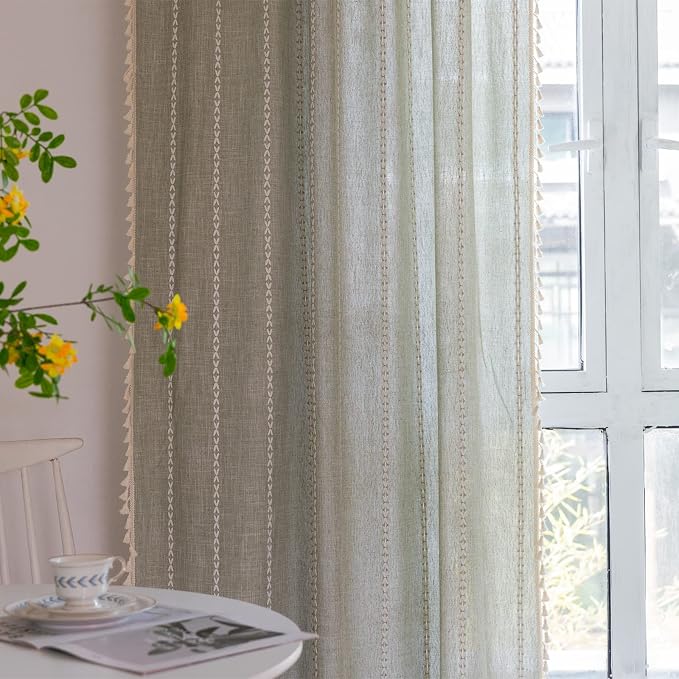 RoomTalks Sage Green Boho Farmhouse Curtains for Bedroom Living Room 84 Inch Length French Country Spring Cute Textured Window Curtain Panels Striped Bohemian Chic Tassel Draperies, 84’’L x 52’’W