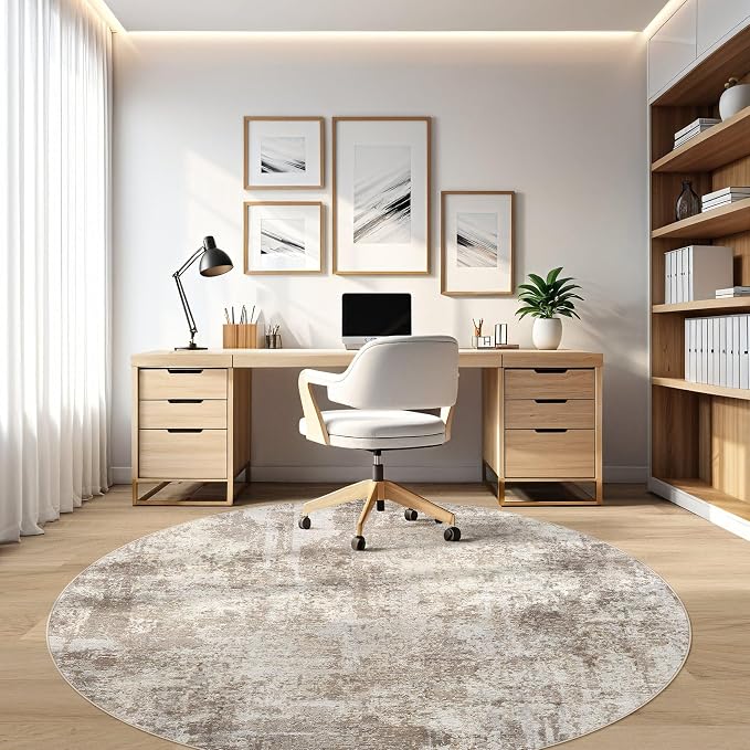 6ft Round Rug Living Room Rugs: 6x6 Washable Circle Large Abstract Modern Soft Stain Resistant Non-Slip Indoor Floor Carpet for Bedroom Nursery Office Dining Room Playroom Home House- Beige Brown