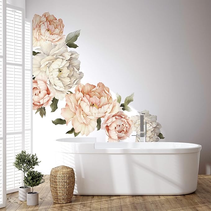 Peony Wall Decal for Bedroom Kids Room Floral Wall Sticker Watercolor Floral Removable Peel and Stick For Girls Peonies Wall Decals Childroom Livingroom