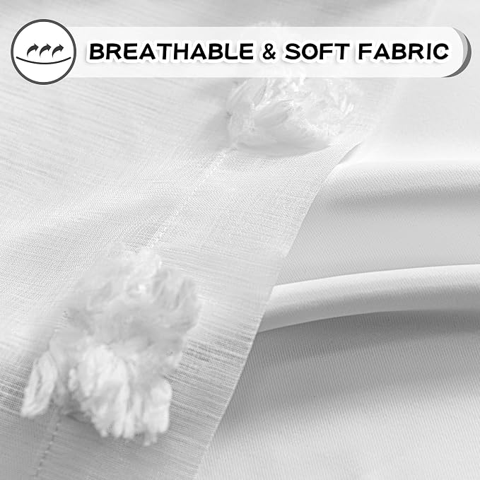 MYSKY HOME White Curtains for Bedroom 63 Inch Long Double Layer Nursery Curtain for Kids Room Kithen White Pom Pom Sheer Back Tab Light Filtering Privacy Protect Window Drapes 2 Panels, 52 x 63 Inch
