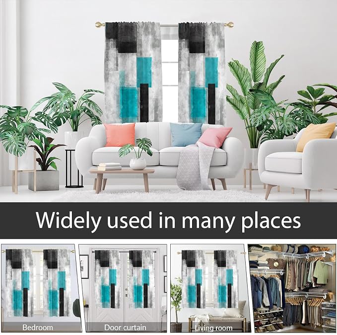 AAtter Teal Black and Grey Window Curtain Turquoise Gray Aqua White Silver Geometric Abstract Simple Art Printed Wide Deco Living Room Bedroom Drapes Treatment Fabric 1 Pair, 52" W x 63" L, Modern
