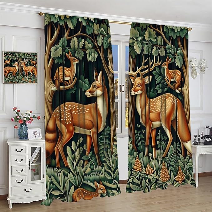 William Morris Blackout Curtains, Retro Forest Deer Animal Rustic Farmhous Window Drapes, for Bedroom Living Room 63" W X 63" L