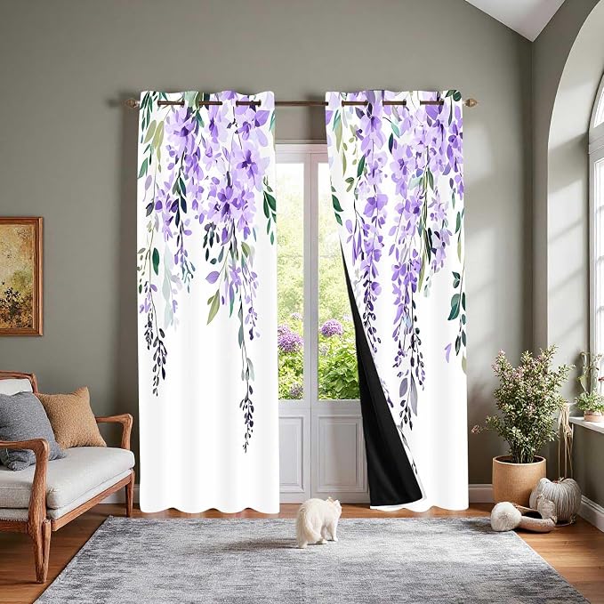 Purple Watercolor Floral Curtains, Botanical Leaves Vine Flowers Curtain, Rustic Farmhouse Flower Leaf Blackout Window Treatment Drapes for Bedroom Living Room 52x96 inch, 2 Panels