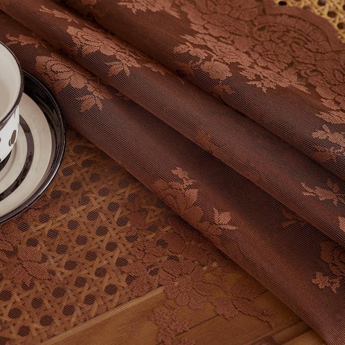 Kotile Warm Brown Lace Curtains 63 Inch Length 2 Panels W52 x L63 Inch, Country Rustic Floral Vintage Brown Sheer Curtains for Bedroom Rod Pocket Privacy Light Filtering Scalloped Sheer Window Curtain