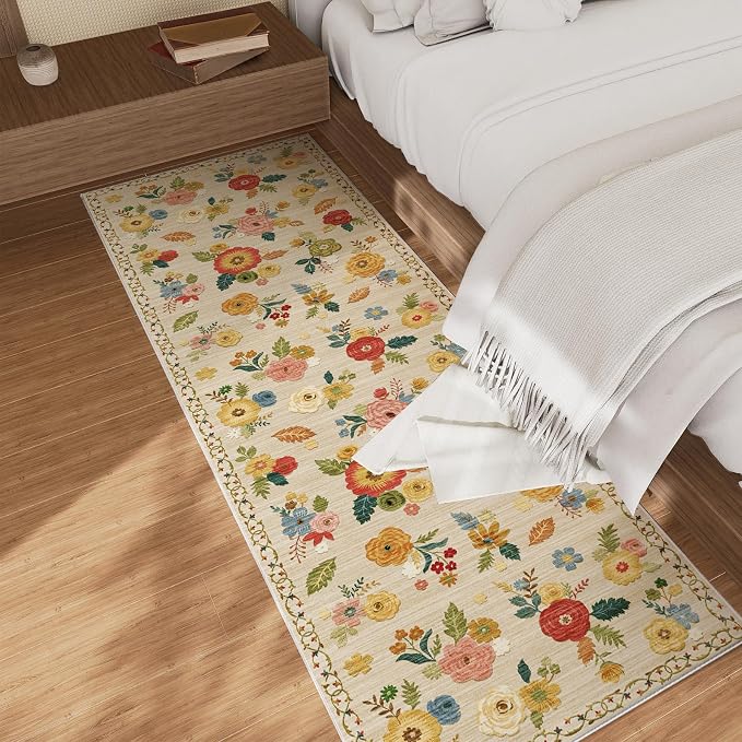 Machine Washable Rug Runners for Hallway: 2'6"x8' Kitchen Runner Rugs with Rubber Backing Non Slip Low Pile Soft Faux Wool Non Shedding Floral Carpet Runner Rug for Bedroom Entryway Living Room Indoor