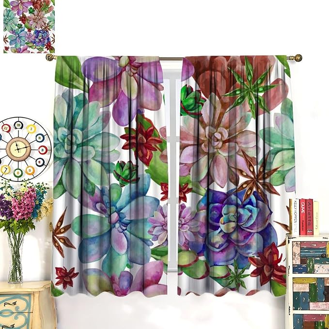 Succulents Tropical Plant Curtain Floral Boho Watercolor Summer Desert Botanical Vintage Garden for Home Kitchen Restaurant Decoration Drapes 2 Panels 63x72in