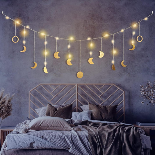 Moon Phase Wall Decor with LED String Light, 13 Gold Wood Boho Wall Hanging Decor Mood Garland 56'' - Celestial Phases Moon Decor in Bohemian Style for Bedroom Home Living Room