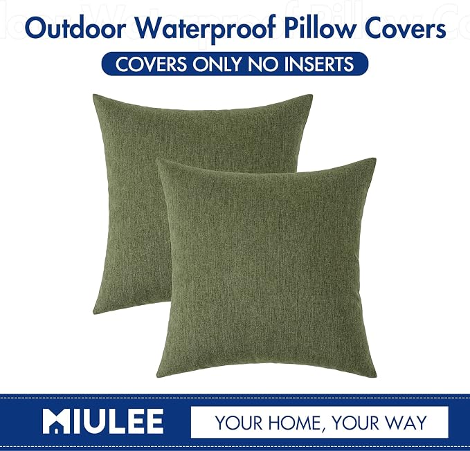 MIULEE Pack of 2 Decorative Outdoor Solid Waterproof Throw Pillow Covers Faux Linen Garden Farmhouse Cushion Cases for Patio Tent Balcony Couch Sofa 12x12 Inch Dark Green