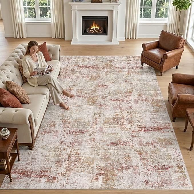 DEXI Washable Area Rug for Living Room 8x10, Modern Abstract Soft Indoor Large Rugs, Stain Resistant Low Pile Carpet with Non Slip Backing for Dining Bedroom Office, Red