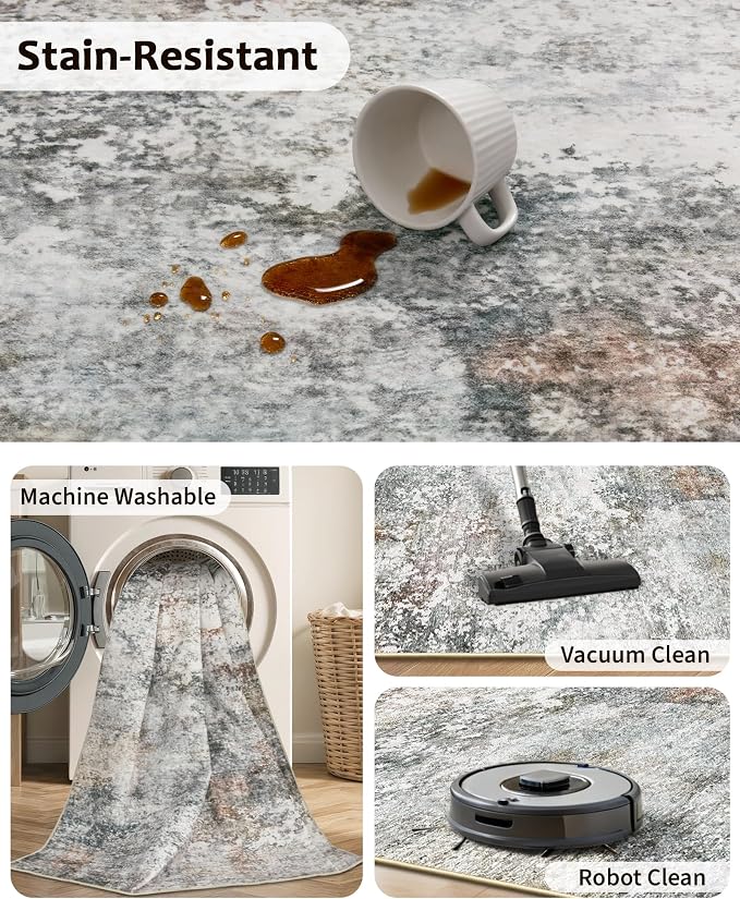 Art&Tuft Washable Rugs 5x7 - Stain Resistant Anti-Slip Backing Abstract 5x7 Area Rugs for Living Room, Foldable Machine Washable Area Rug(5'x7', Grey/Rust)