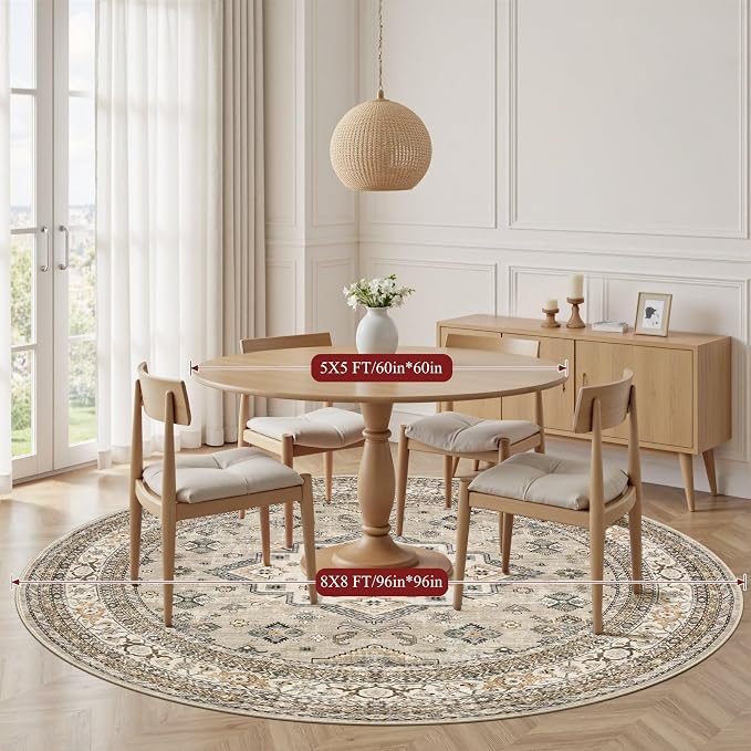 8ft Round Vintage Living Room Area Rug - 8x8 Large Soft Washable Oriental Traditional Distressed Farmhouse Rugs for Bedroom - Indoor Floor Accent Carpet for Home Office House Decor - Beige