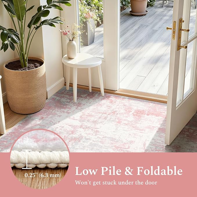 Rugflix 8x10 Area Rugs for Kids Girls Room, Washable Large Rug Stain-Resistant Low Pile, Modern Non Slip Carpet for Nursery Bedroom Living Room Home Office, Pink