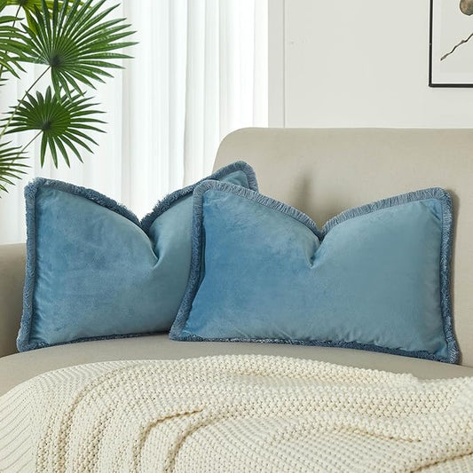 JUSPURBET Aqua Decorative Velvet Fringe Throw Pillow Covers 16x24 Set of 2 Boho Soft Cushion Case for Home Decor Living Room Couch Sofa Bed