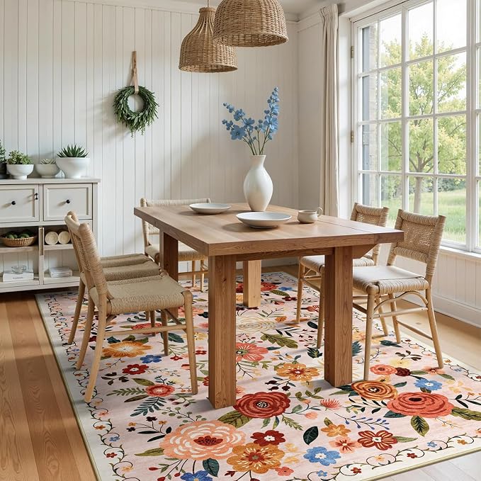 6x9 Washable Area Rug for Living Room, Floral Non-Slip Non-Shedding & Easy Care Soft Low Pile Vintage Indoor Floor Carpet for Living Room, Bedroom, Farmhouse, Dining Room, Kids Playroom, Beige