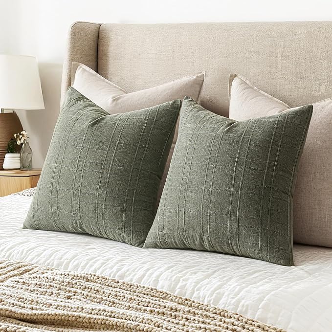 MIULEE Decorative Linen Check Throw Pillow Covers Neutral Farmhouse Vintage Spring Pillow Covers 16x16 Set of 2 Boho Modern Home Decor for Sofa Couch Bedroom Cushion Olive Green