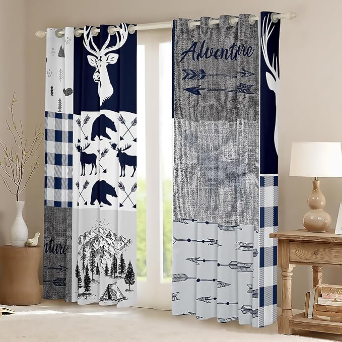 Camping Curtains for Kids, Deer Bear Blackout Window Drapes, Rustic Buffalo Plaid Patchwork for Teens Adult Bedroom, Lodge Woodland Wildlife 2 Panels, Grey Blue 52"Wx63"L