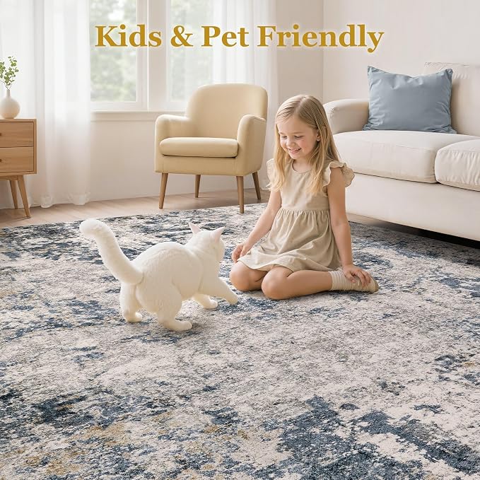 Area Rugs for Living Room: 12x15 Abstract Washable Rug Modern Neutral Large Soft Stain Resistant Non-Slip Backing Machine Table for Bedroom Dining Room Indoor Home Office Carpet - Blue Brown